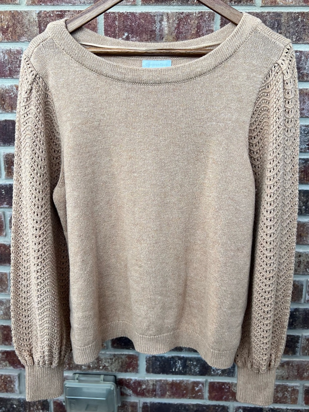 Charter Club Camel Tan Pointelle Crochet Sleeve Knit Sweater Petite XL